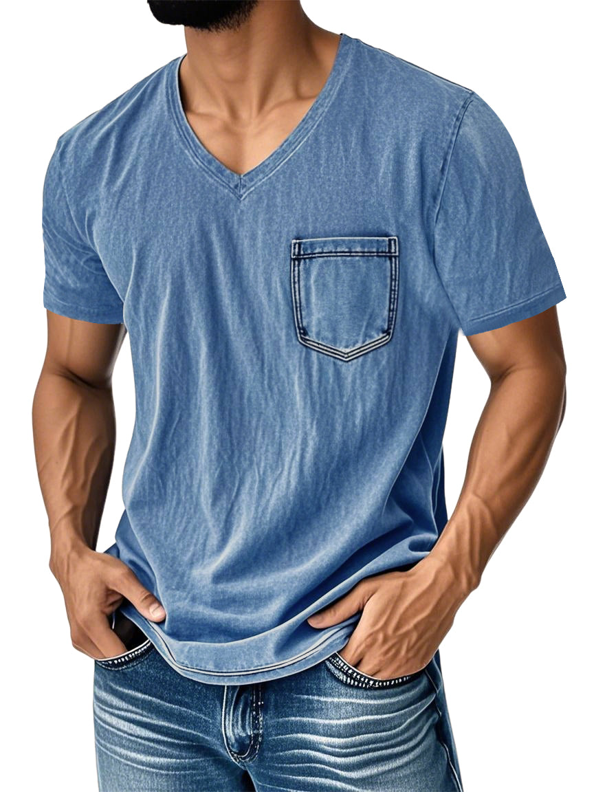 Men's Washed And Distressed Retro V-neck Pocket Casual Short-sleeved T-shirt