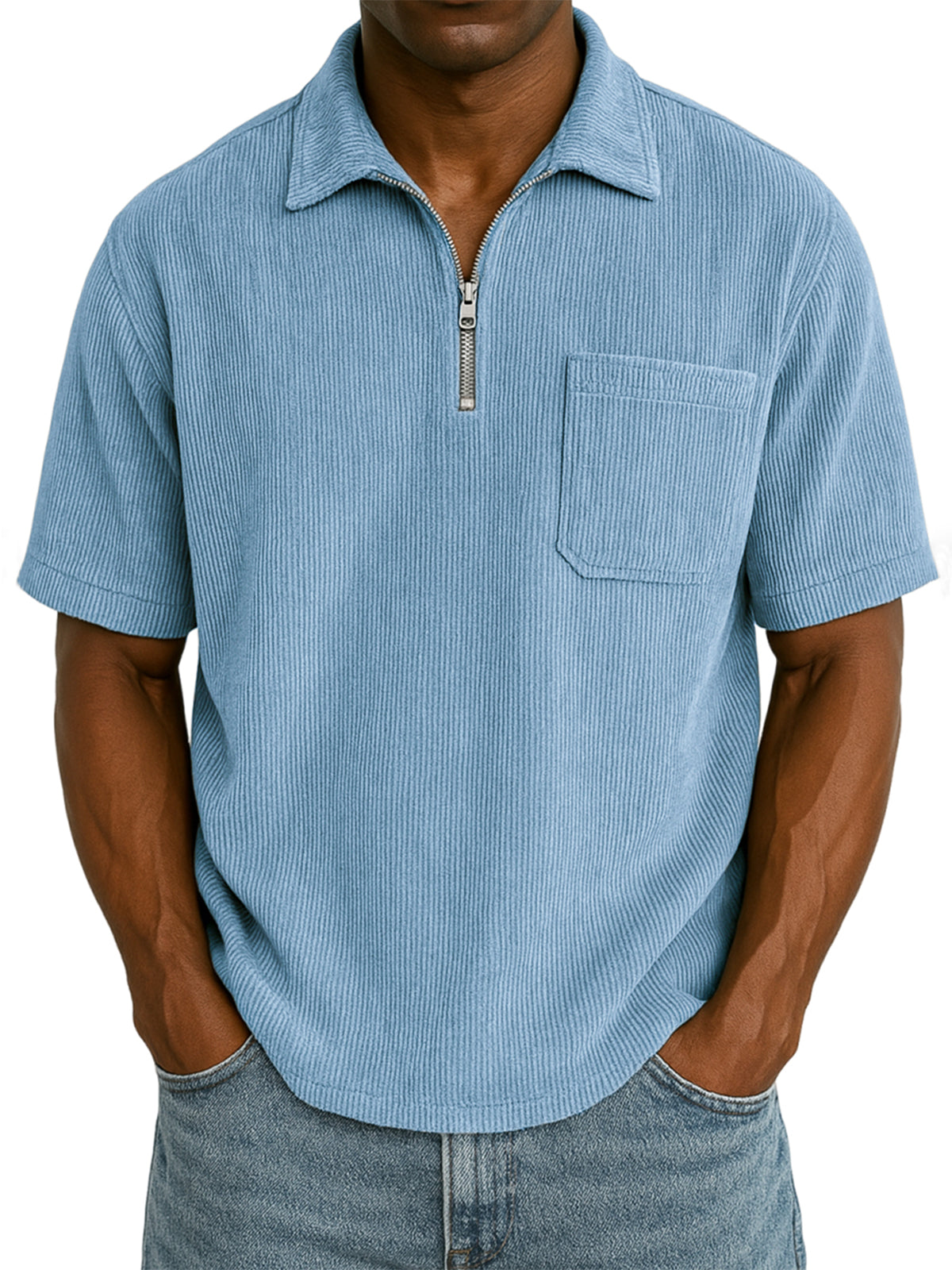 Men's Stylish Ribbed Pit Corduroy Quarter-Zip Casual Short Sleeve POLO Shirt