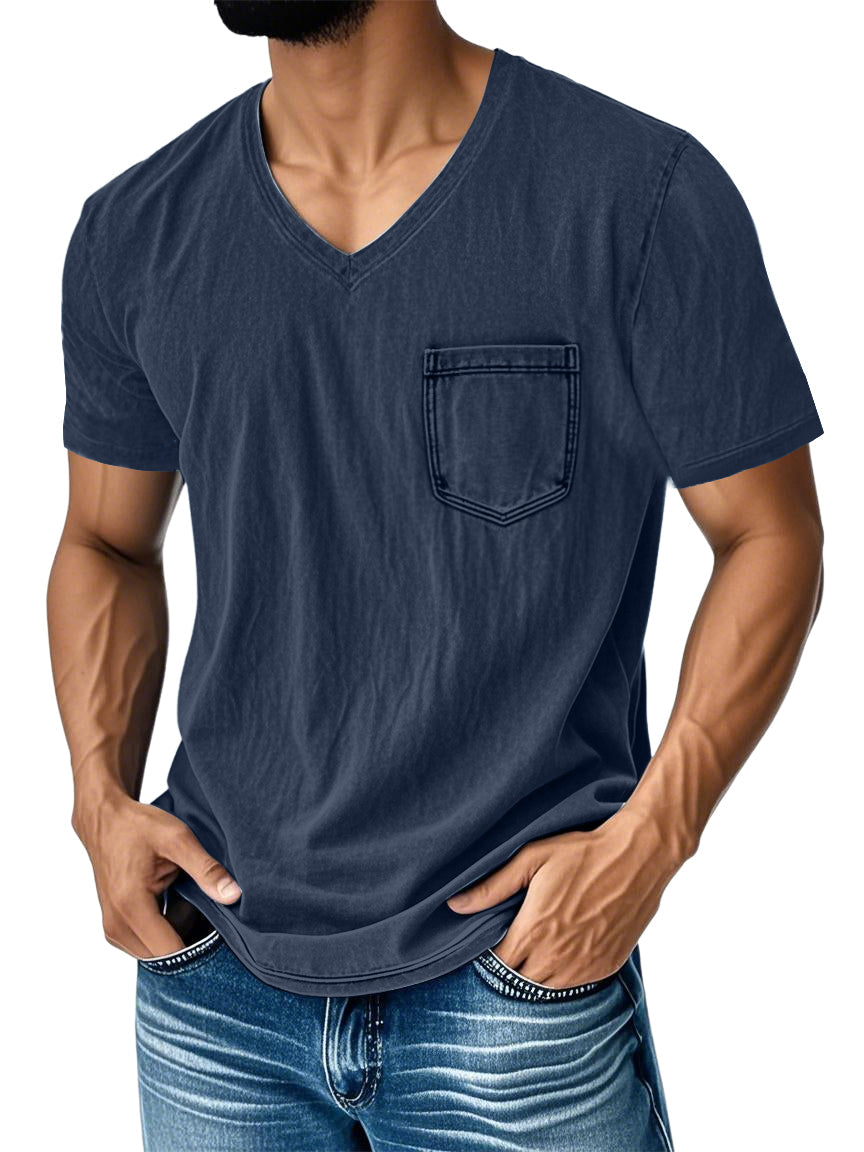 Men's Washed And Distressed Retro V-neck Pocket Casual Short-sleeved T-shirt