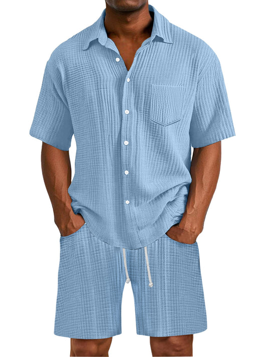 Men's Daily Wrinkled Texture Pocket Shirt Shorts Set