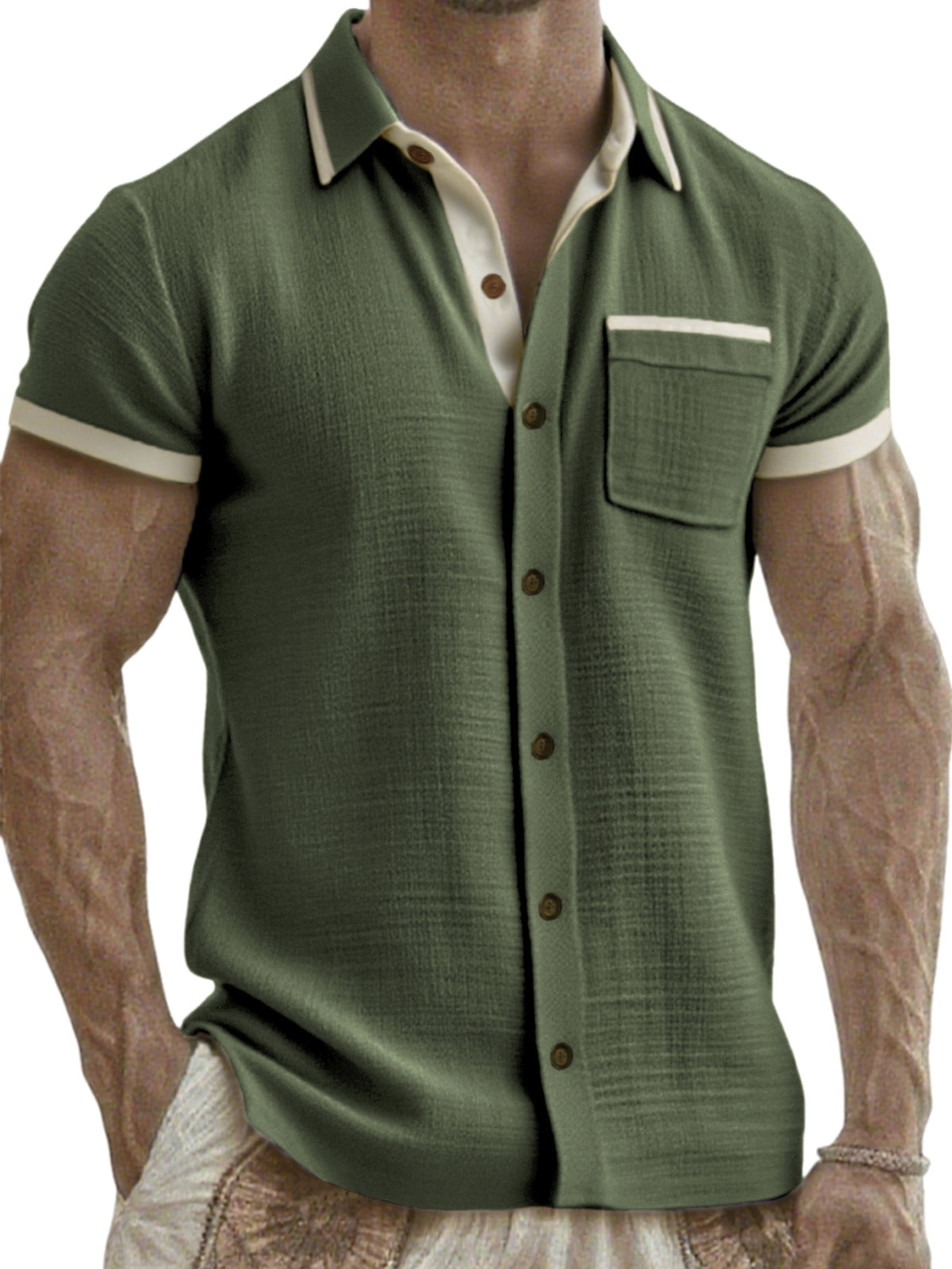 Men's Breathable Linen Colorblock Casual Short Sleeve Shirt with Chest Pocket