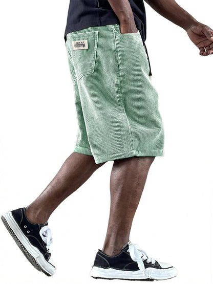 Men's Casual Retro Multi Pocket Embroidered Logo Workwear Corduroy Shorts