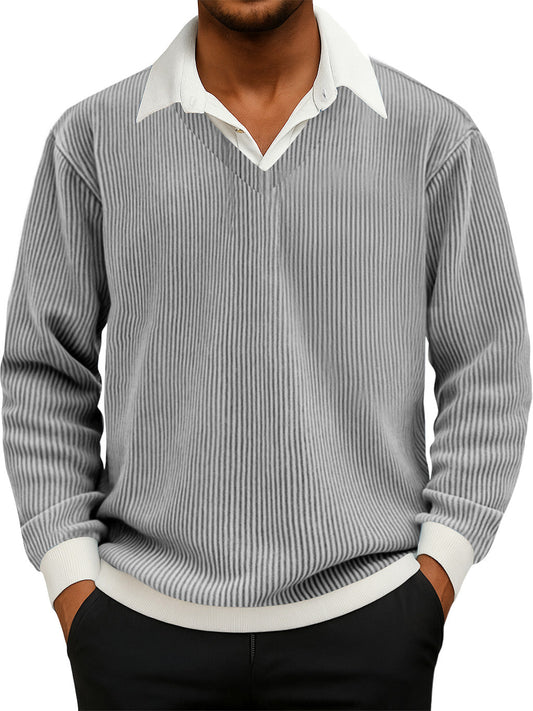 Men's Casual Faux Two-Piece Ribbed Shirt Collar Long Sleeve Sweatshirt