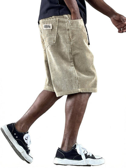 Men's Casual Retro Multi Pocket Embroidered Logo Workwear Corduroy Shorts