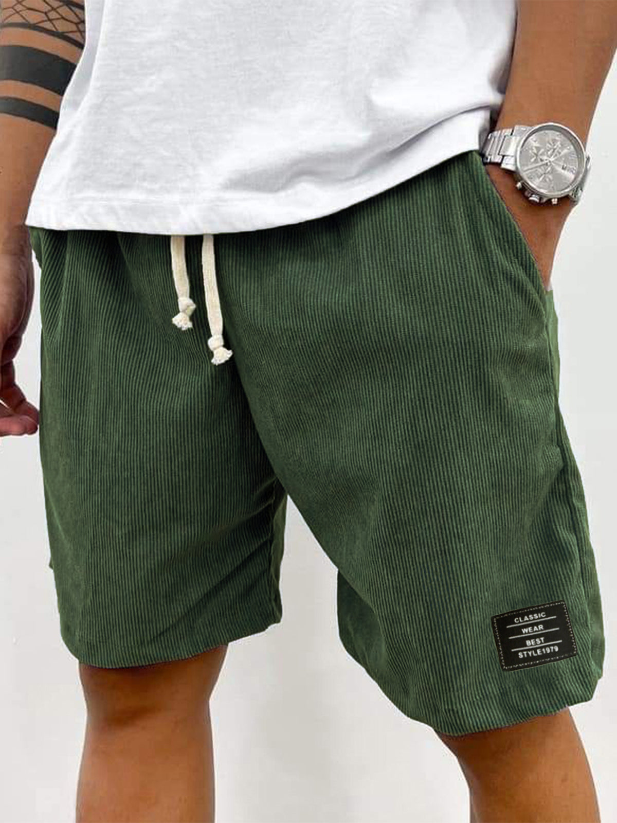 Men's Stylish Corduroy Simple Embroidered Label Holiday Casual Shorts