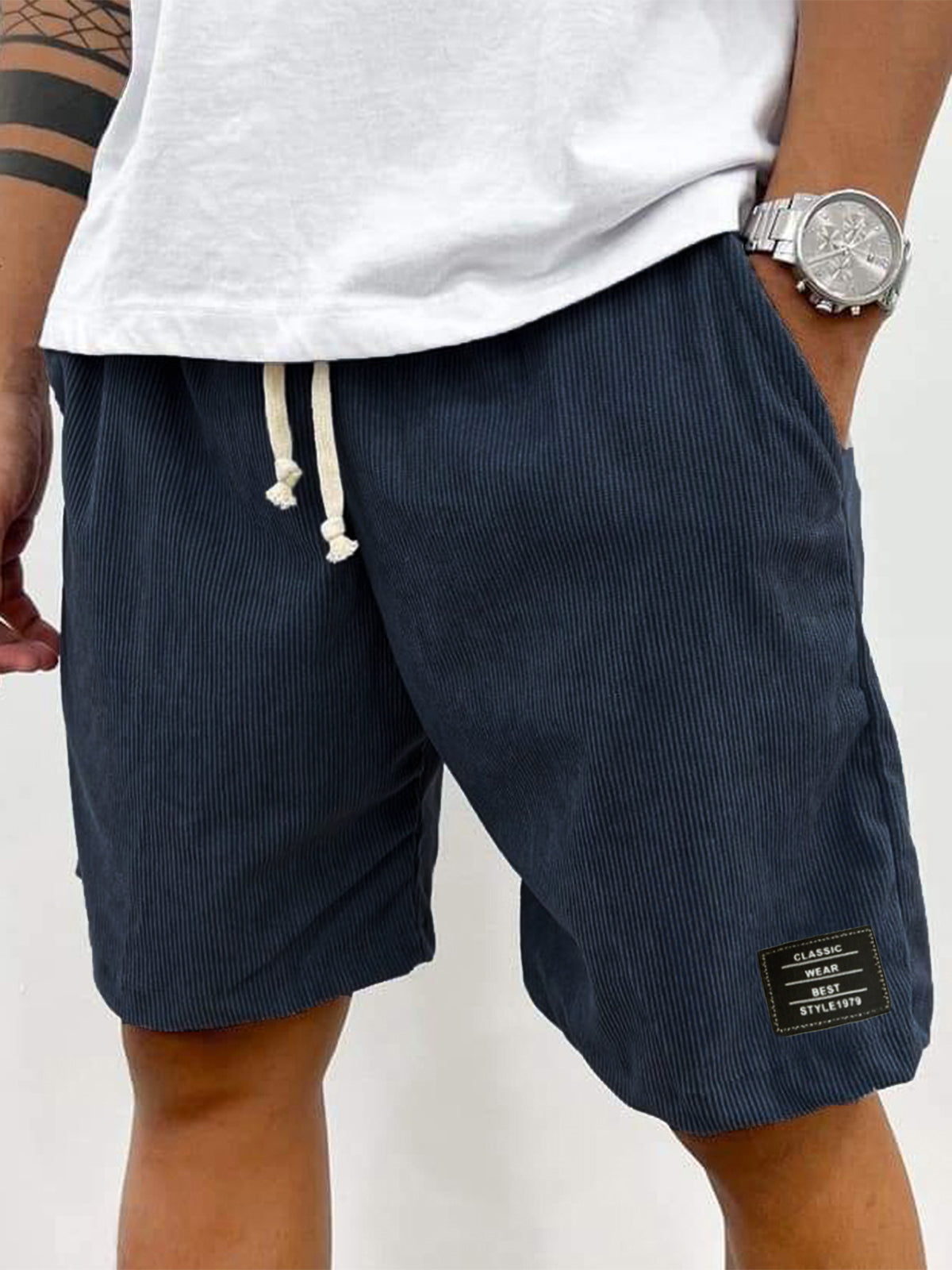 Men's Stylish Corduroy Simple Embroidered Label Holiday Casual Shorts