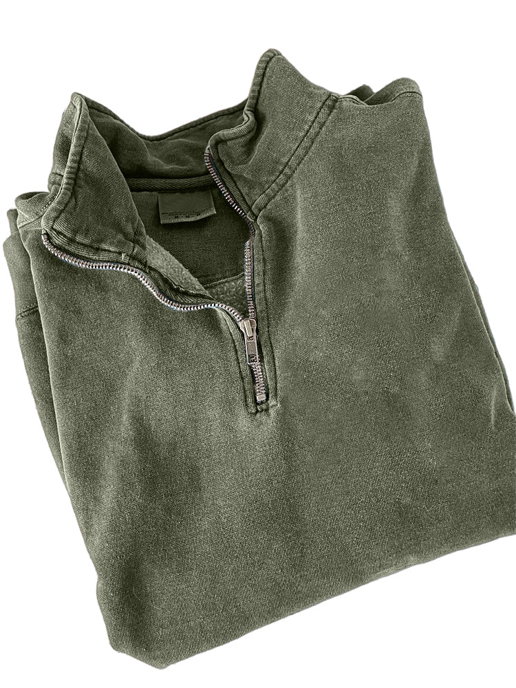 Men's Quarter Zip Distressed Washed Cotton Zipper Long Sleeve Sweatshirt