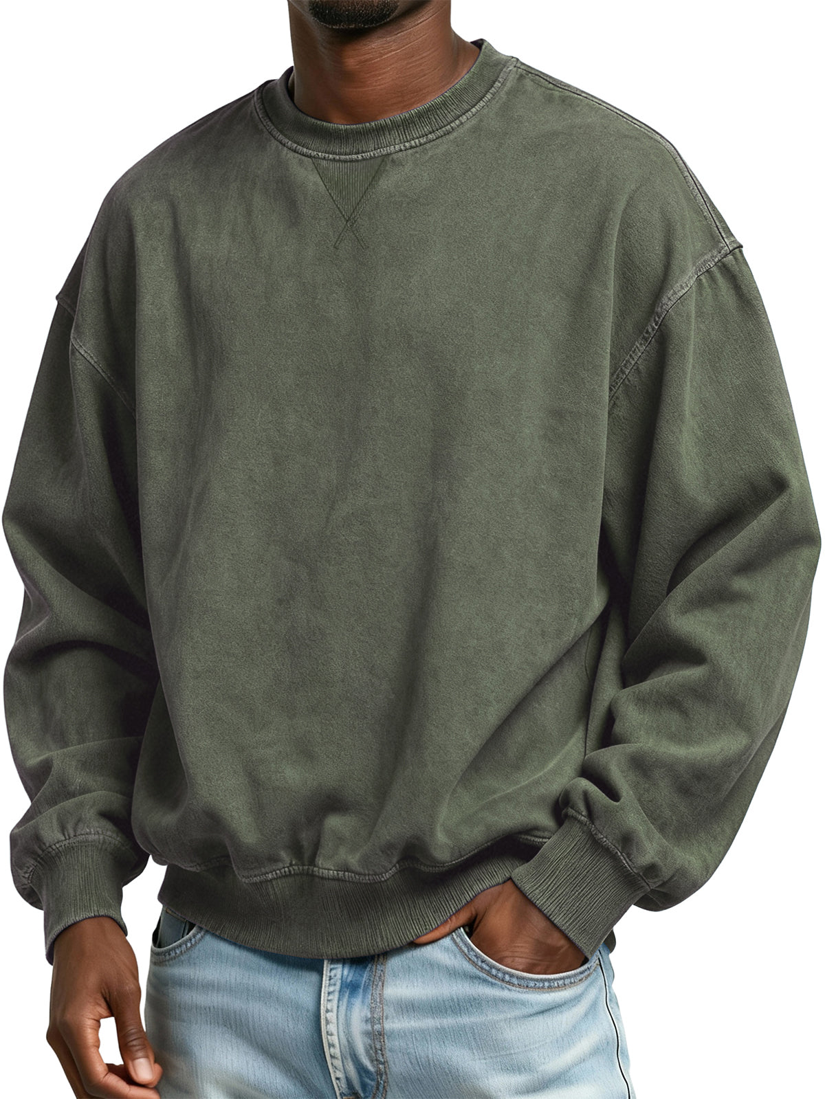 Men's 100% Cotton Retro Casual Washed Distressed Crew Neck Long Sleeve Sweatshirt