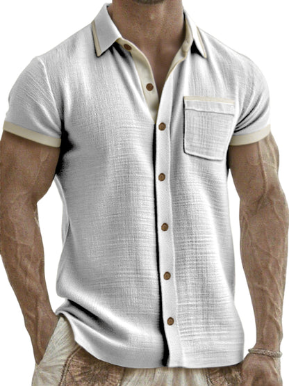 Men's Breathable Linen Colorblock Casual Short Sleeve Shirt with Chest Pocket
