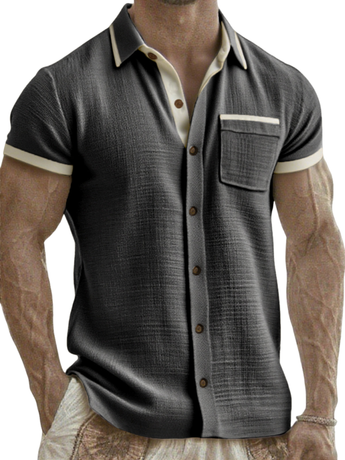 Men's Breathable Linen Colorblock Casual Short Sleeve Shirt with Chest Pocket