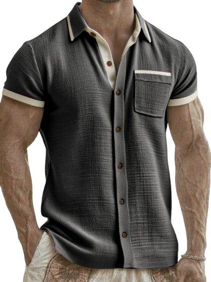 Men's Breathable Linen Colorblock Casual Short Sleeve Shirt with Chest Pocket