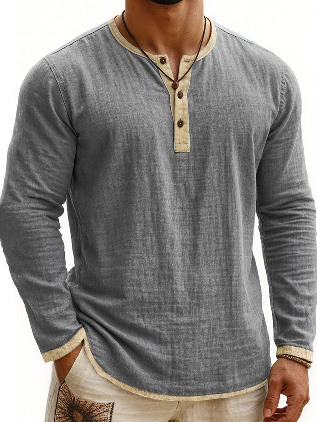 Men's Breathable Linen Vintage Contrast Casual Henley Shirt