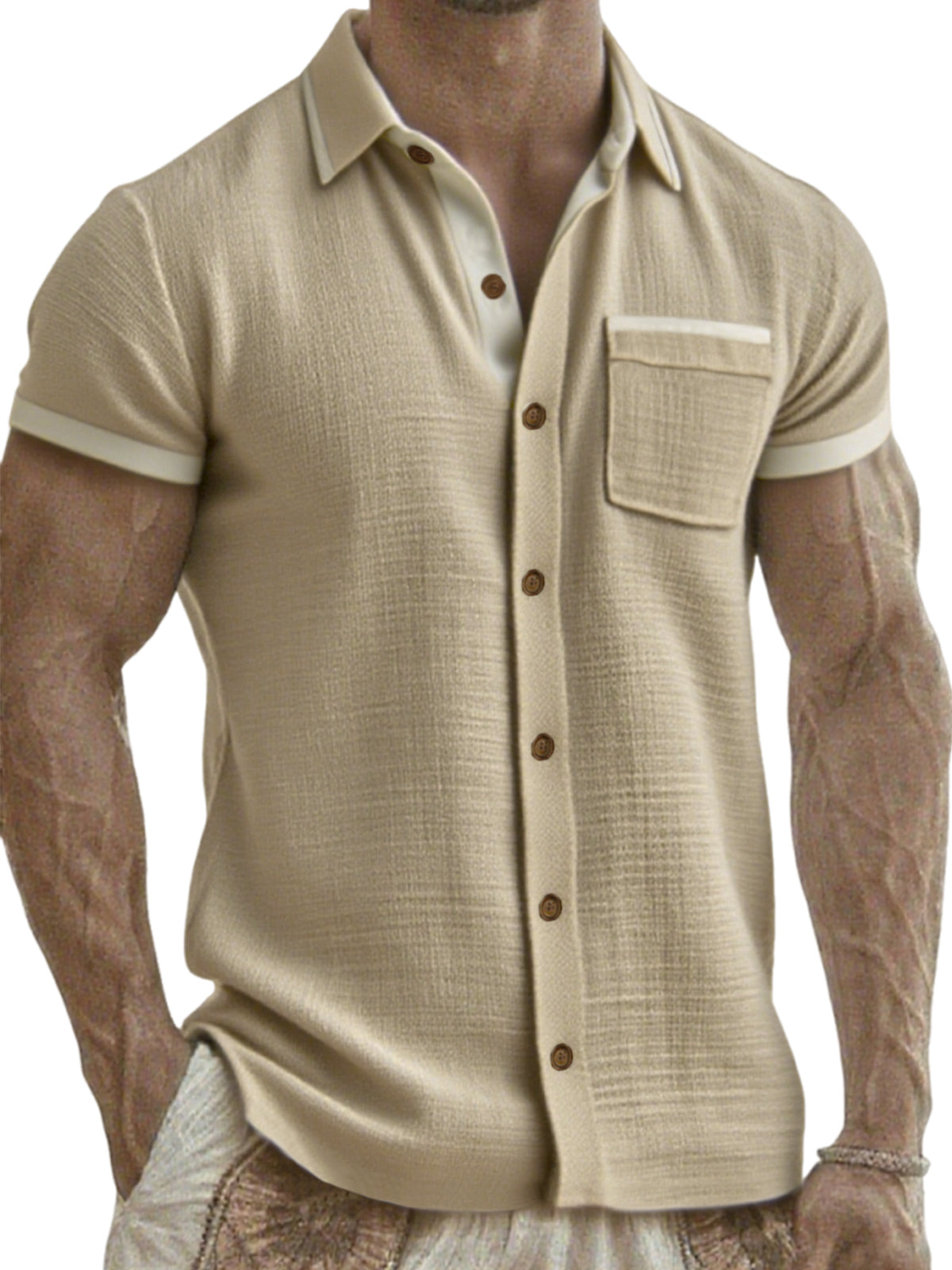 Men's Breathable Linen Colorblock Casual Short Sleeve Shirt with Chest Pocket