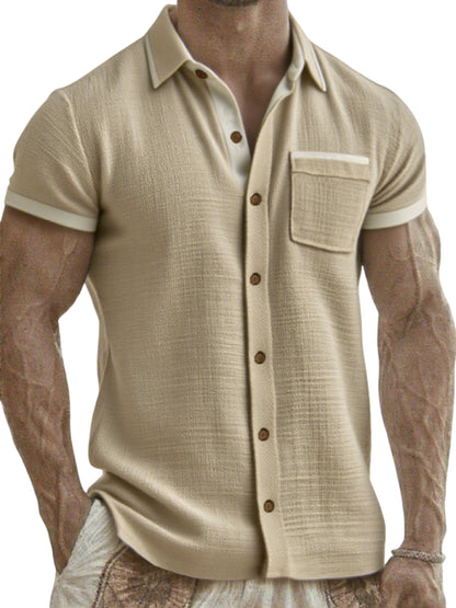 Men's Breathable Linen Colorblock Casual Short Sleeve Shirt with Chest Pocket
