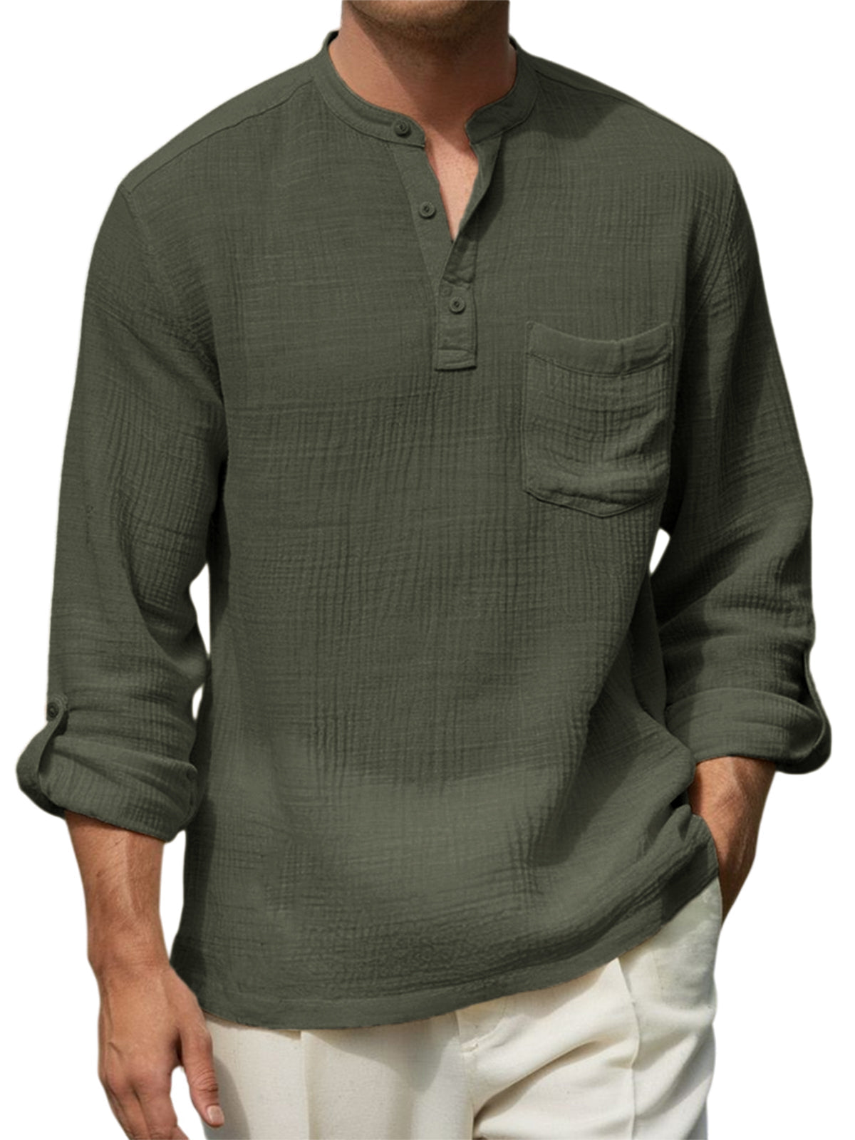 Men's Breathable Cotton-linen Wrinkled Henley Shirt with Pockets