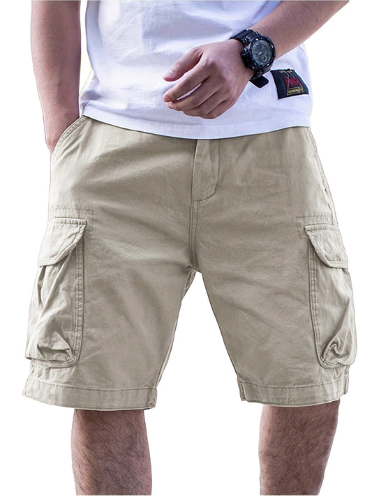 Men's Casual Loose-Fit Cargo Shorts with Multiple Pockets Solid Color Mid-Rise Elastic Waist Drawstring