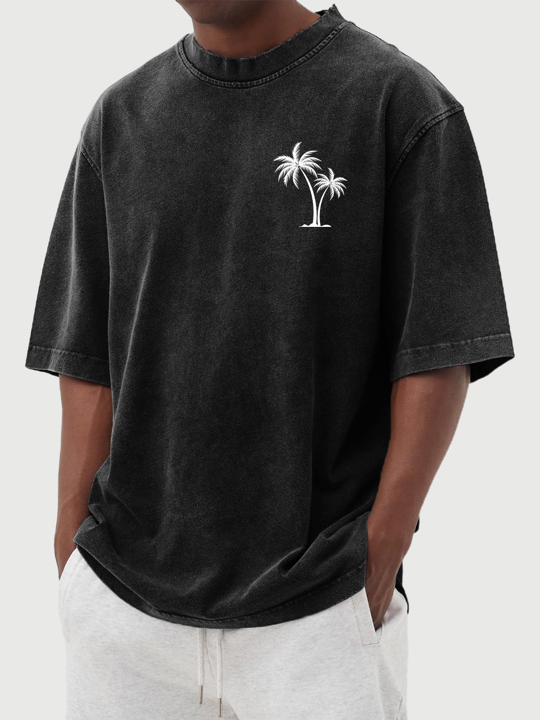 Men's Cotton Washed Distressed Palm Tree Print Short Sleeved Round Neck T-shirt