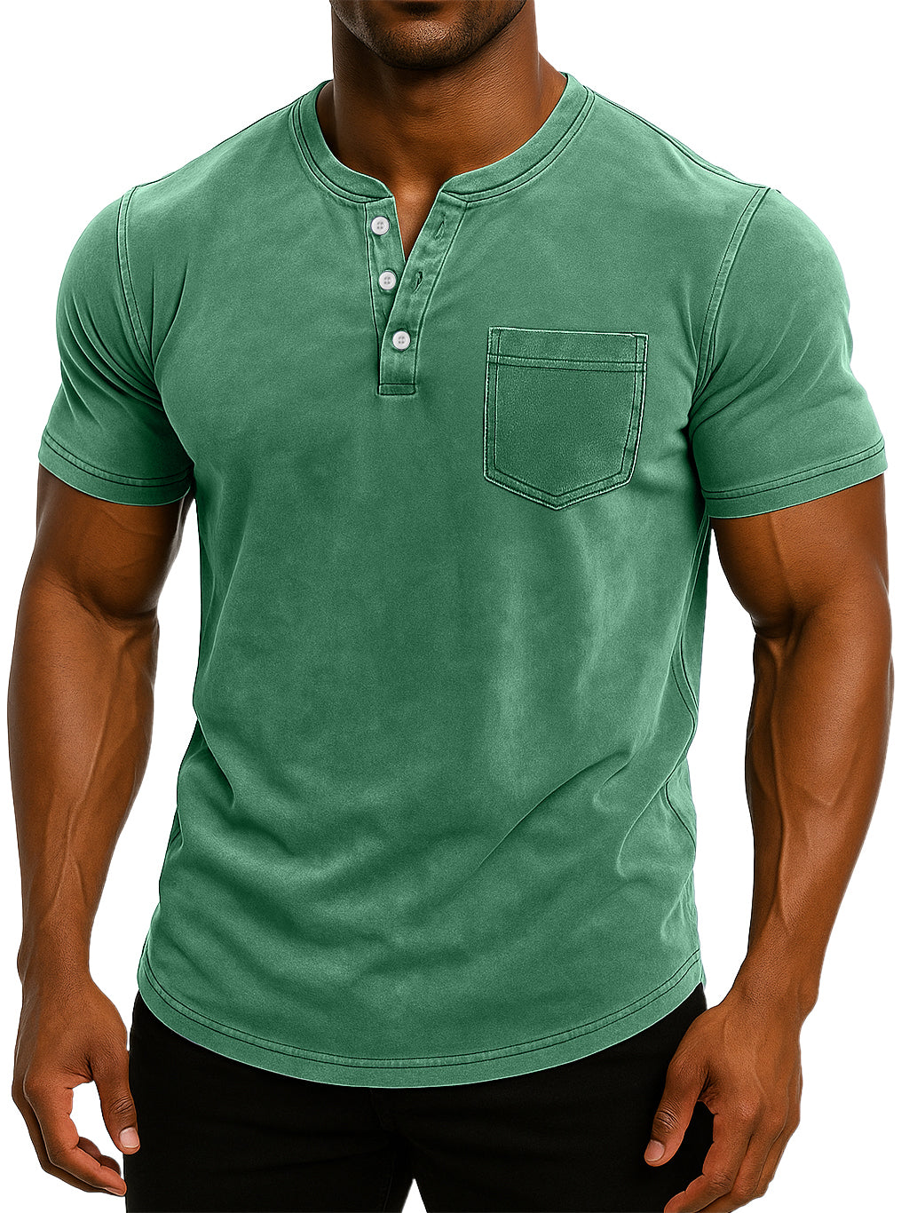 Men's Retro Stand Collar Casual Pocket Solid Color Slim Fit Short Sleeve Henley Shirt