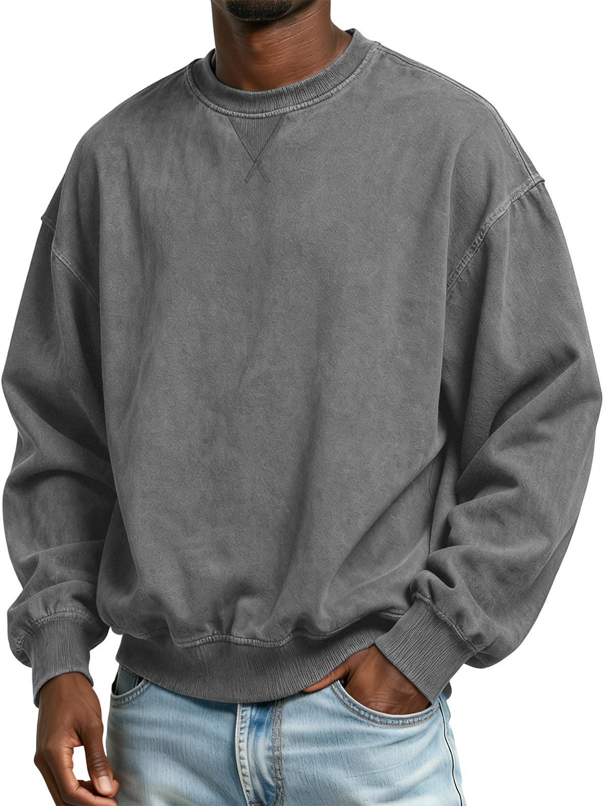Men's 100% Cotton Retro Casual Washed Distressed Crew Neck Long Sleeve Sweatshirt