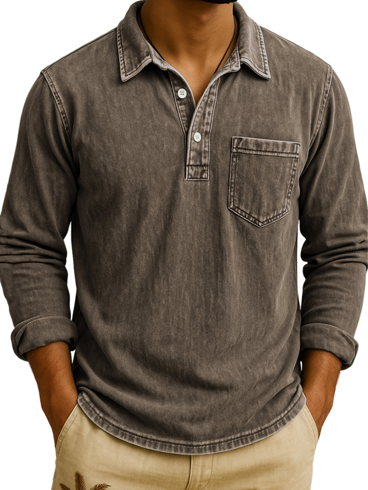 Men's Vintage Long Sleeve Polo Shirt with Chest Pocket