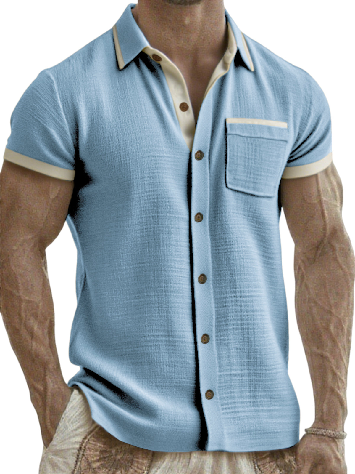 Men's Breathable Linen Colorblock Casual Short Sleeve Shirt with Chest Pocket