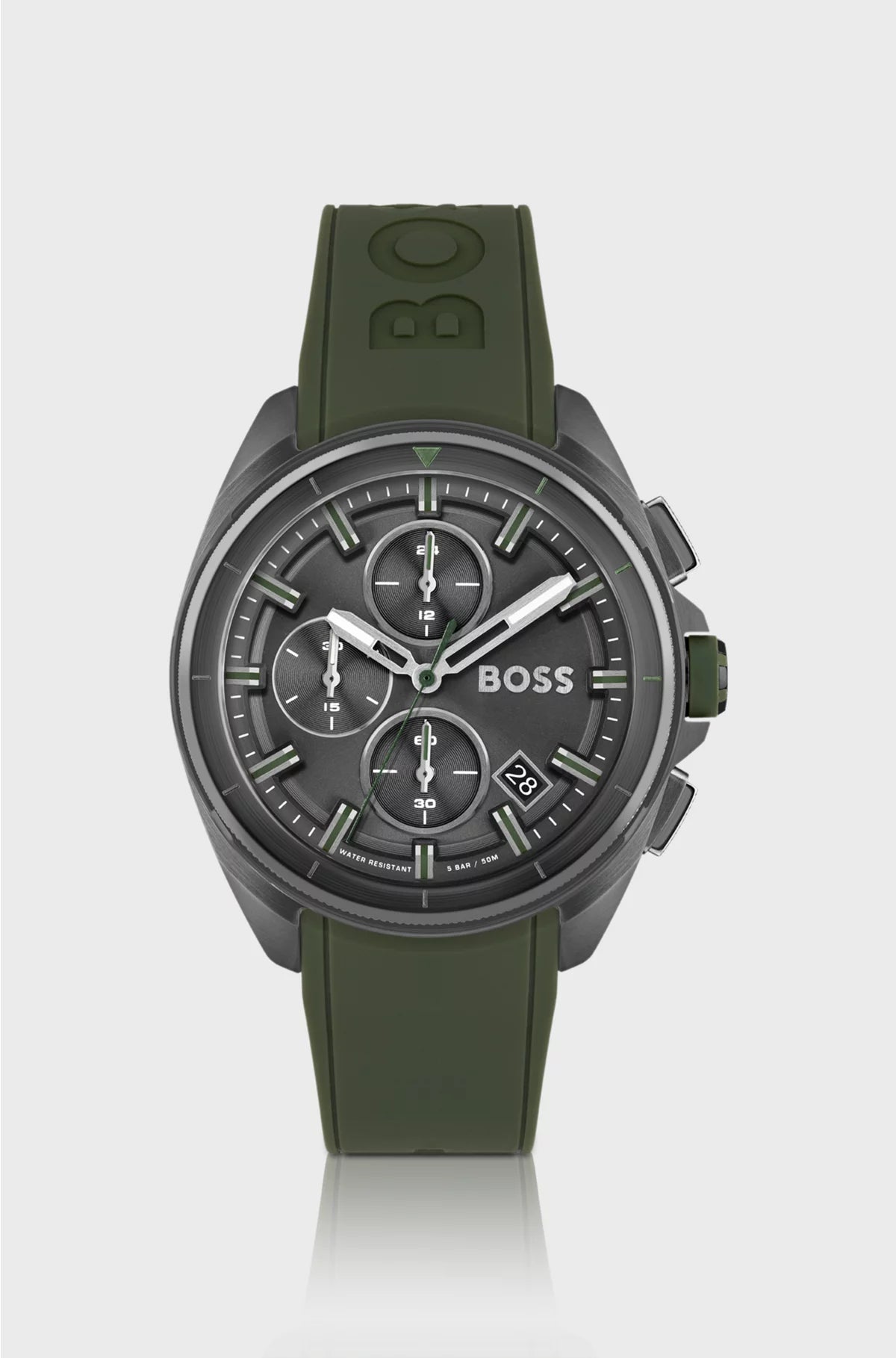 GREY-PLATED CHRONOGRAPH WATCH WITH OLIVE SILICONE STRAP