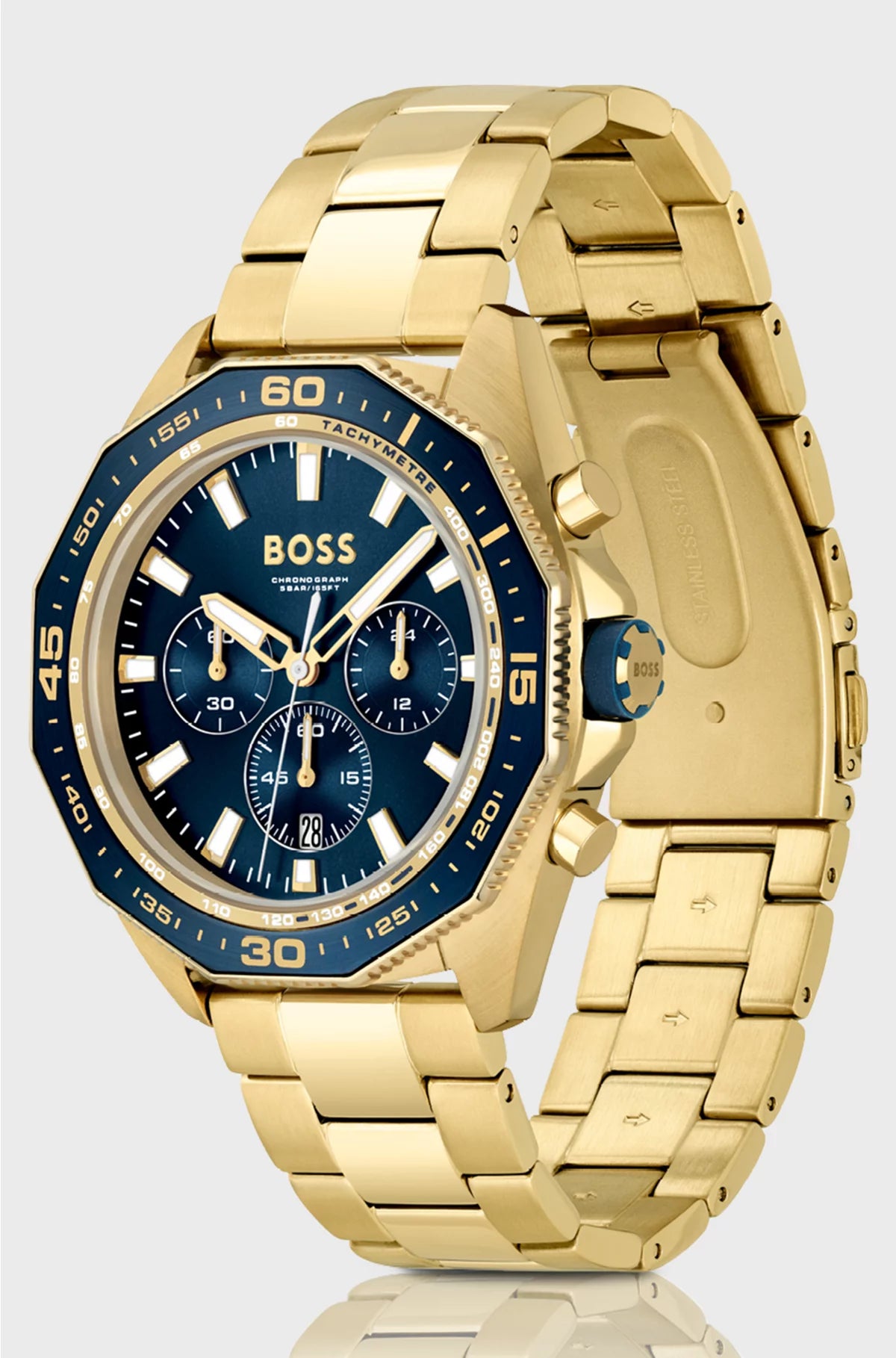 BLUE-DIAL CHRONOGRAPH WATCH WITH GEOMETRIC BEZEL