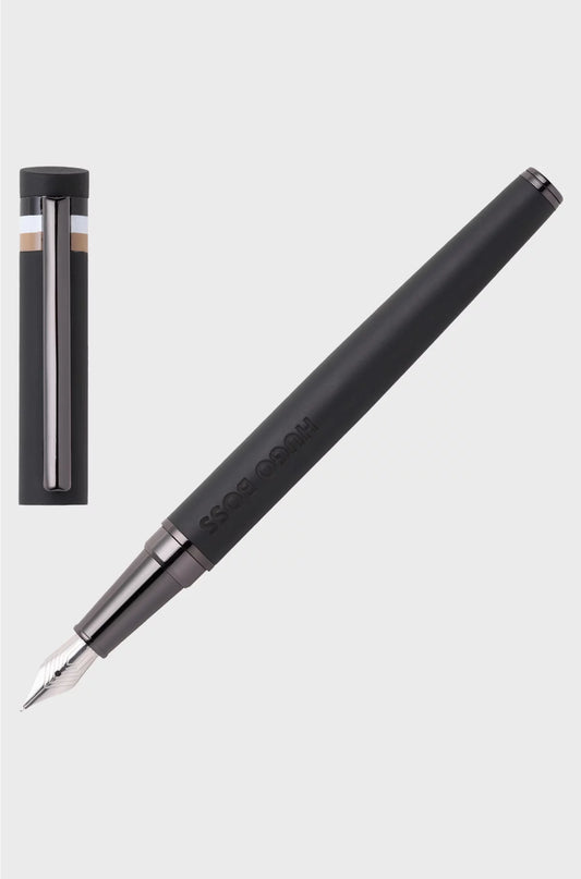 BLACK LOGO-DETAIL FOUNTAIN PEN WITH SIGNATURE-STRIPE CAP