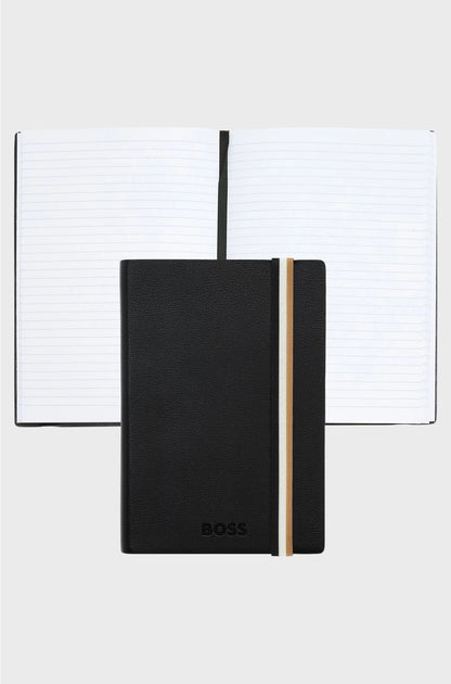 A6 BLACK FAUX-LEATHER NOTEBOOK WITH SIGNATURE-STRIPE STRAP