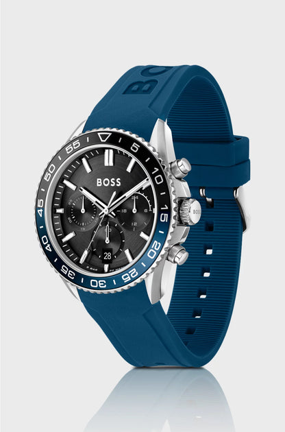 BLACK-DIAL CHRONOGRAPH WATCH WITH BLUE SILICONE STRAP