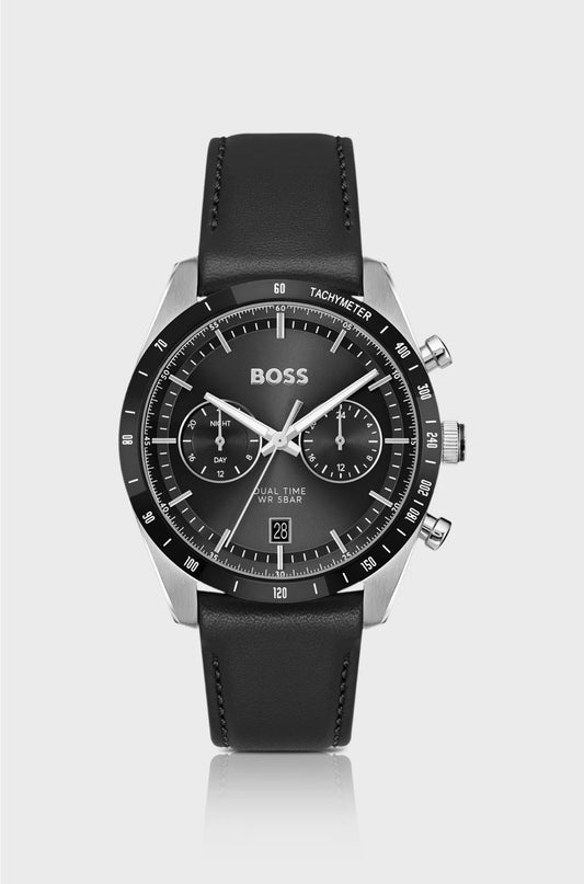 TOURMASTER BLACK-DIAL WATCH WITH BLACK LEATHER STRAP
