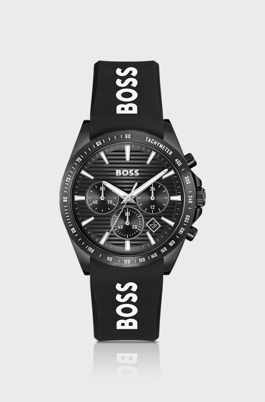 STRIKE BLACK-DIAL CHRONOGRAPH WATCH WITH SILICONE LOGO STRAP