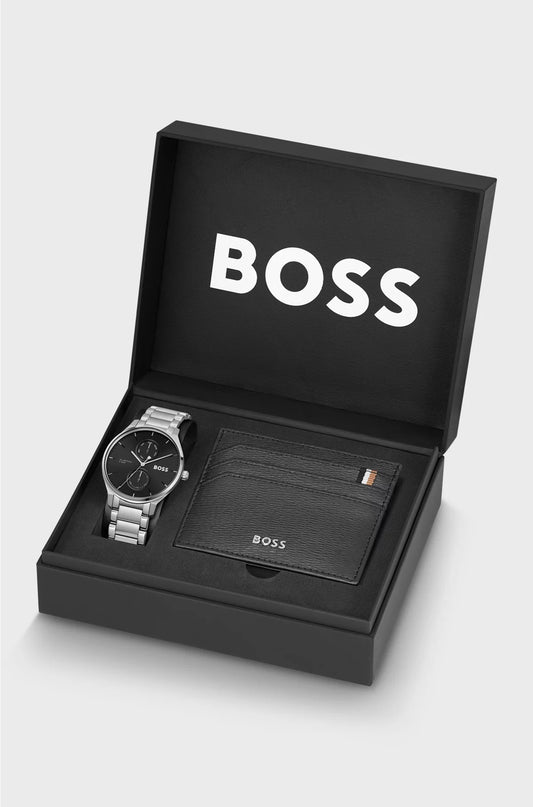 BLACK-DIAL WATCH AND LEATHER CARD HOLDER GIFT SET