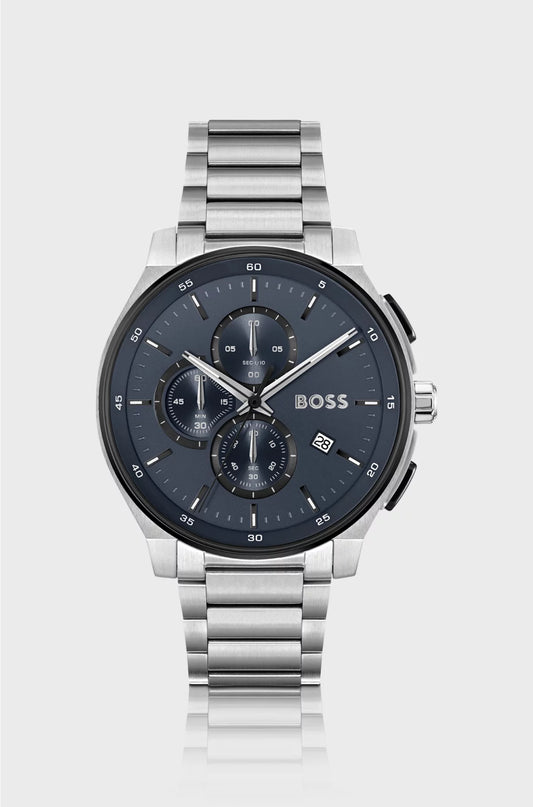 STAINLESS-STEEL CHRONOGRAPH WATCH WITH MATTE-BLUE DIAL