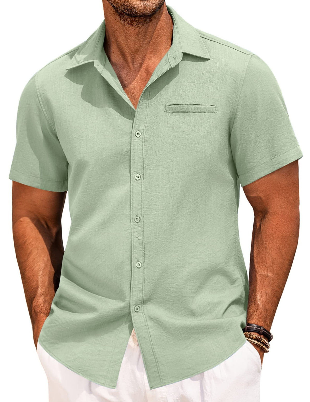 Men's Fake Pocket Linen Shirt Short Sleeve Button Up Shirt Summer Beach Hawaiian Shirt