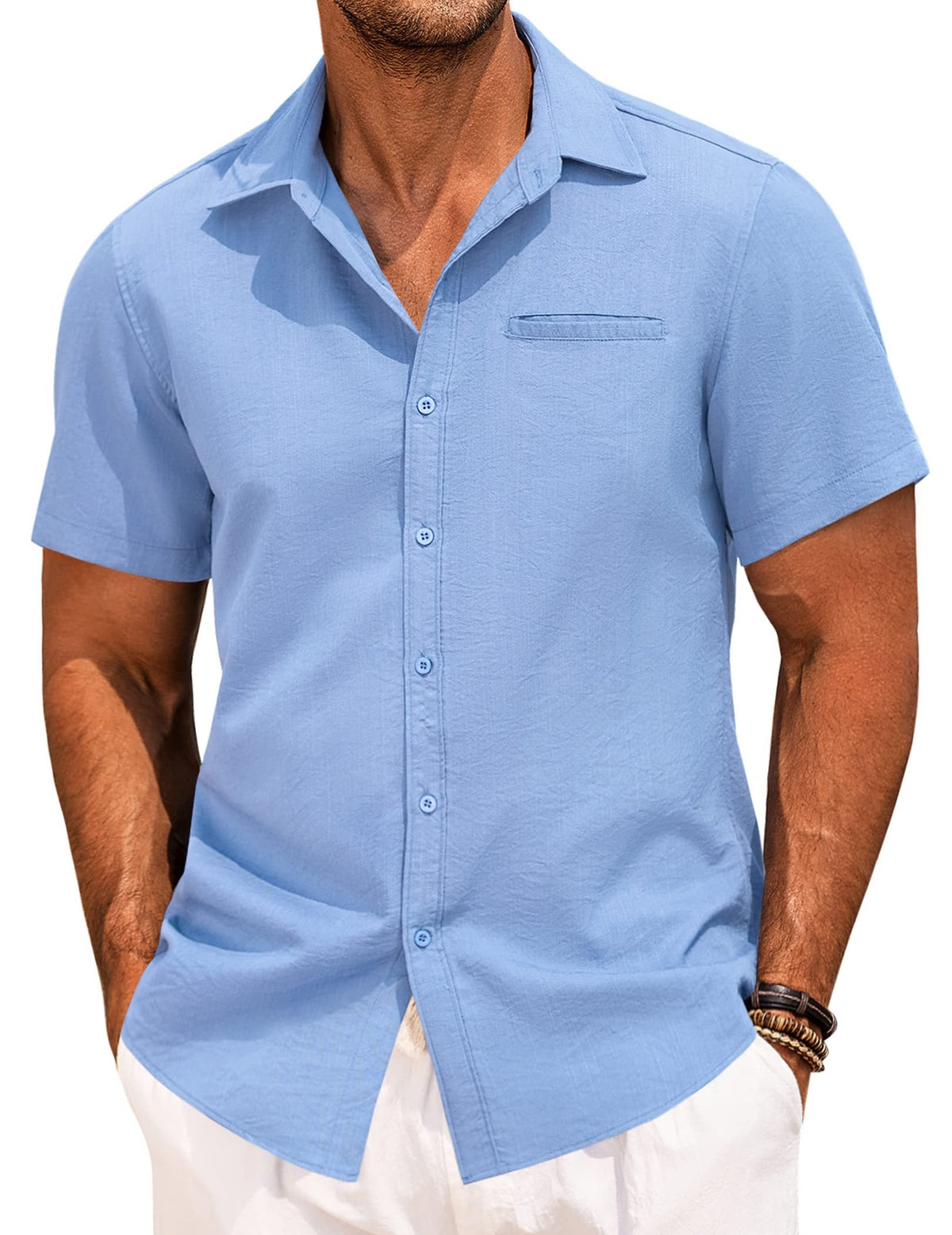 Men's Fake Pocket Linen Shirt Short Sleeve Button Up Shirt Summer Beach Hawaiian Shirt