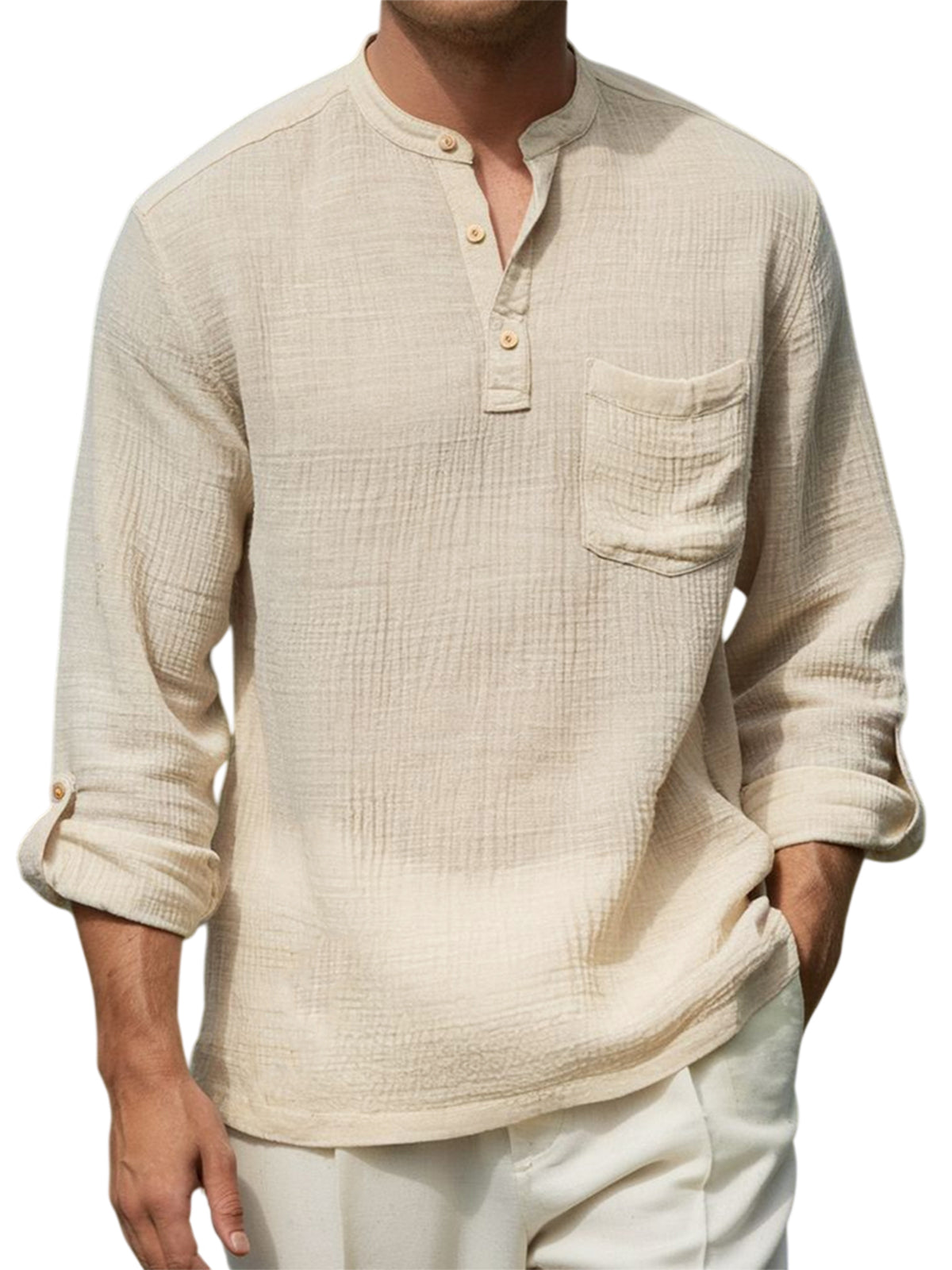 Men's Breathable Cotton-linen Wrinkled Henley Shirt with Pockets