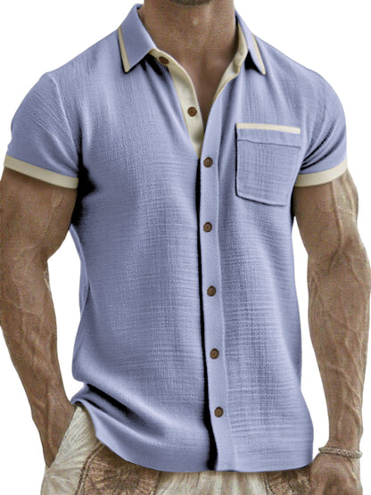 Men's Breathable Linen Colorblock Casual Short Sleeve Shirt with Chest Pocket