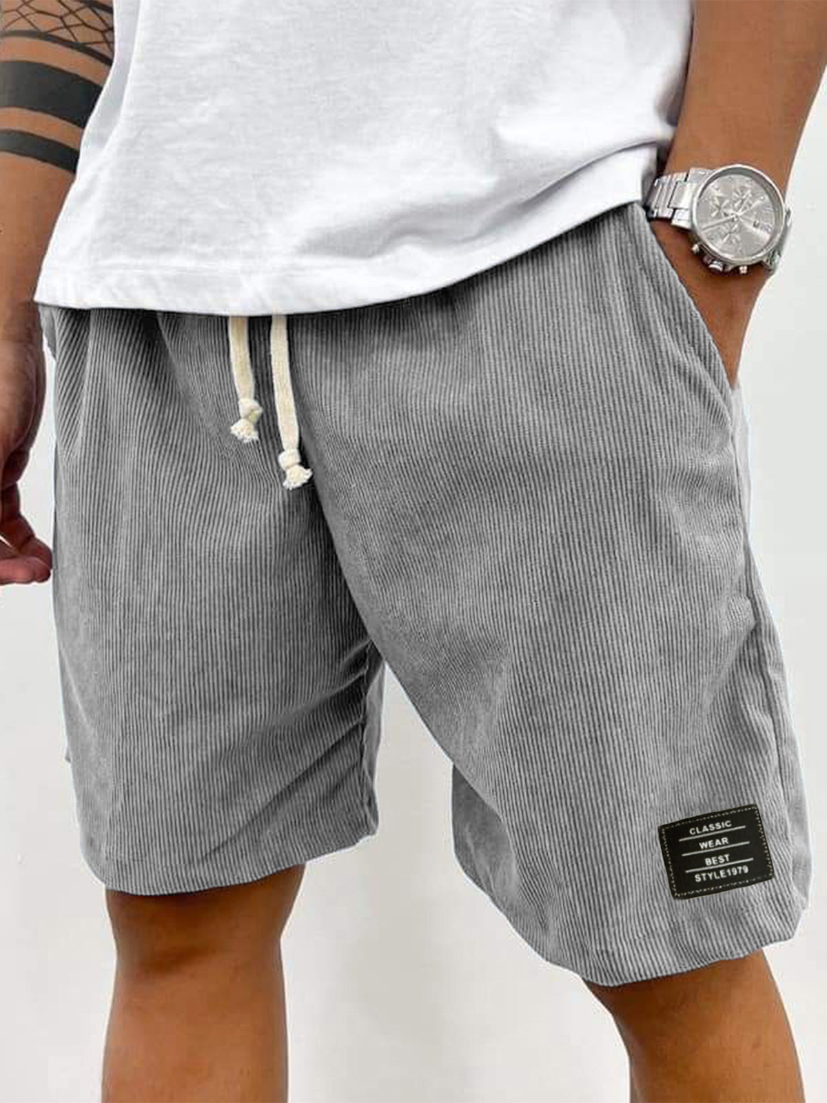 Men's Stylish Corduroy Simple Embroidered Label Holiday Casual Shorts