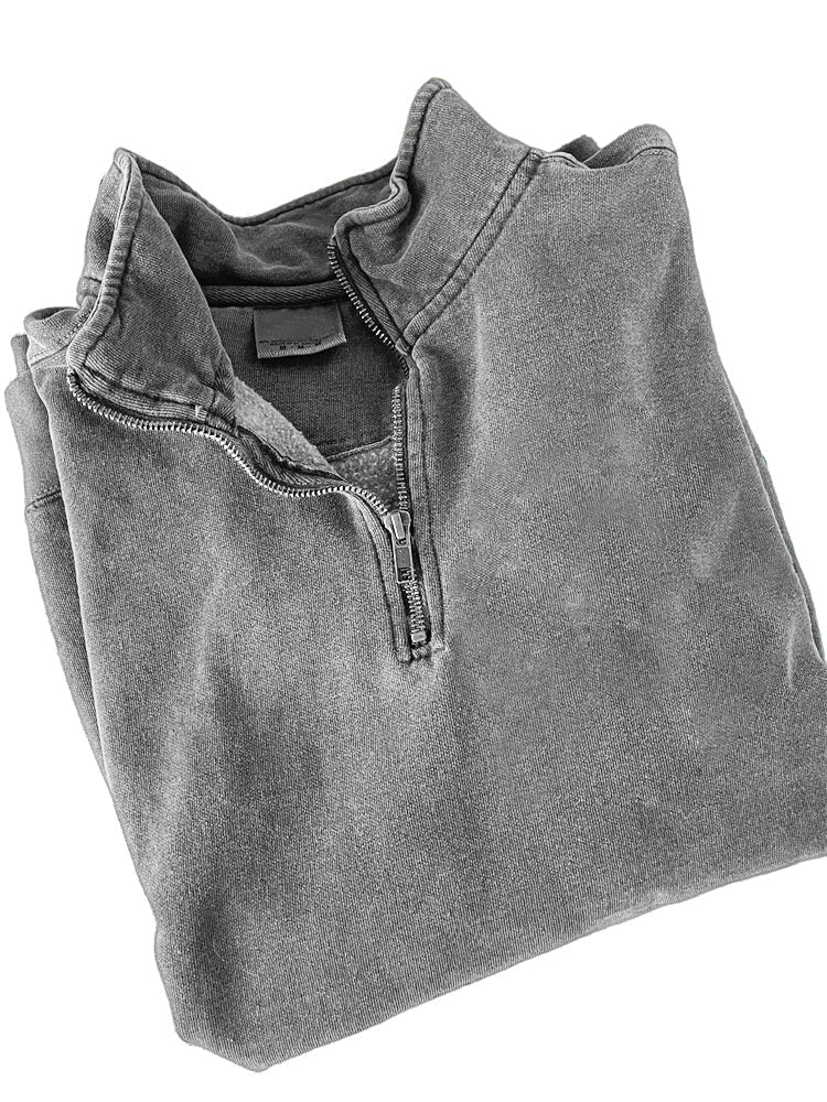 Men's Quarter Zip Distressed Washed Cotton Zipper Long Sleeve Sweatshirt