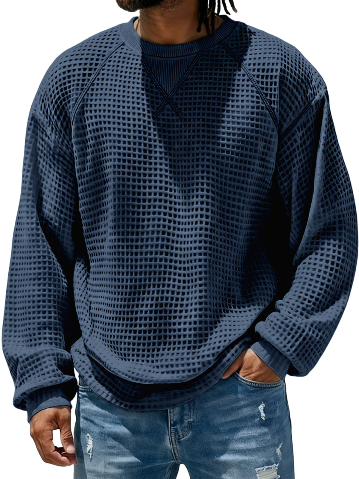 Men's Breathable Waffle Textured Raglan Patchwork Basic Pullover Top