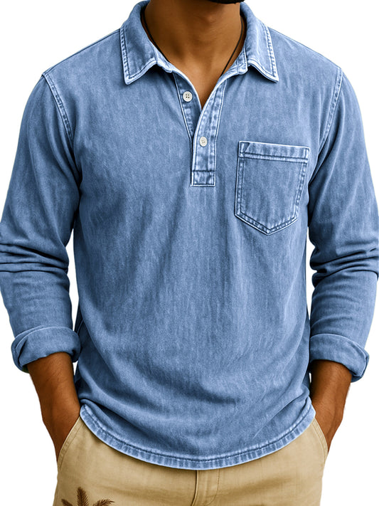 Men's Vintage Long Sleeve Polo Shirt with Chest Pocket