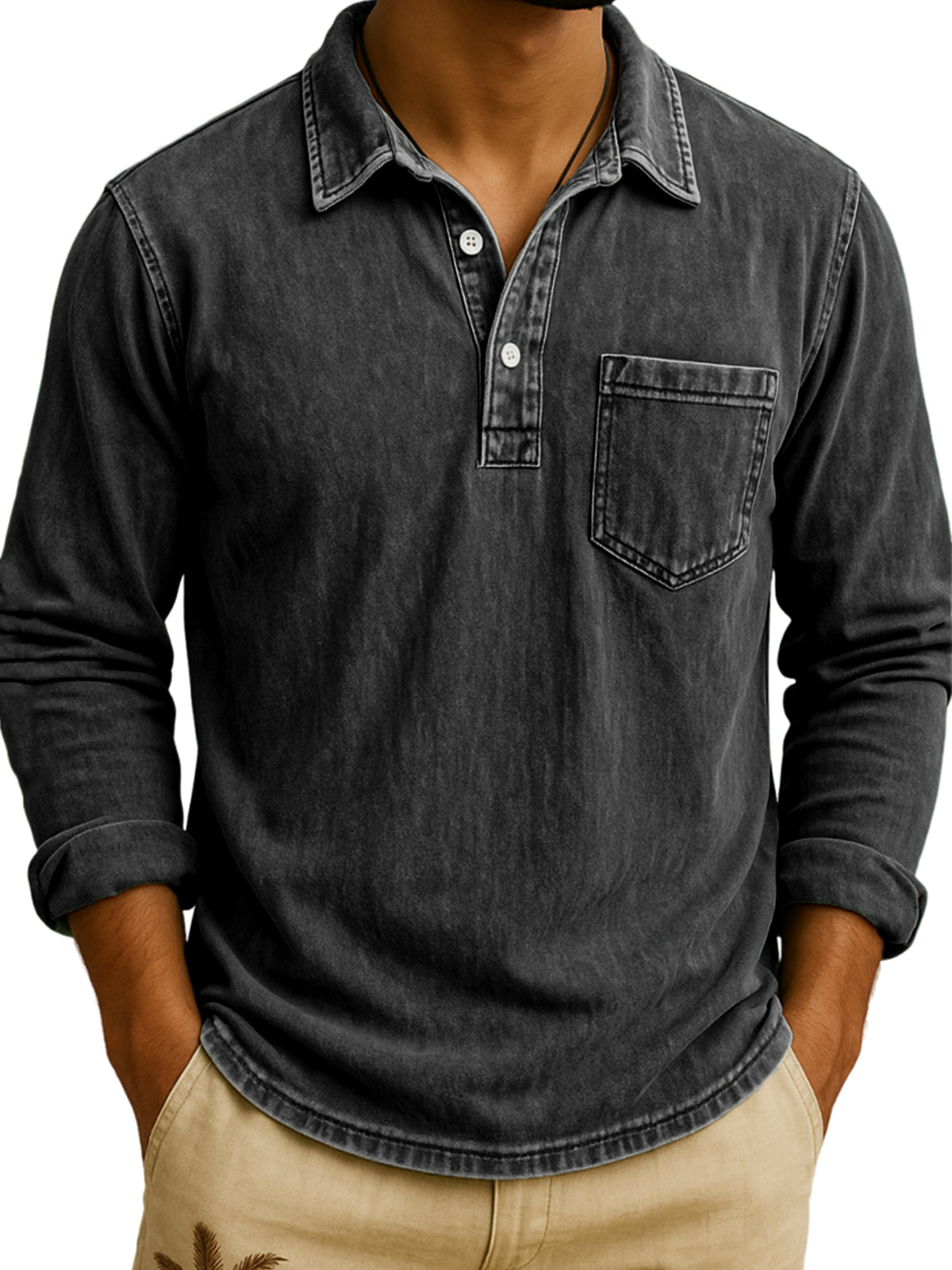Men's Vintage Long Sleeve Polo Shirt with Chest Pocket