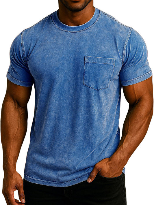 Men's Fashion Washed And Distressed Cotton Retro Pocket Casual T-shirt
